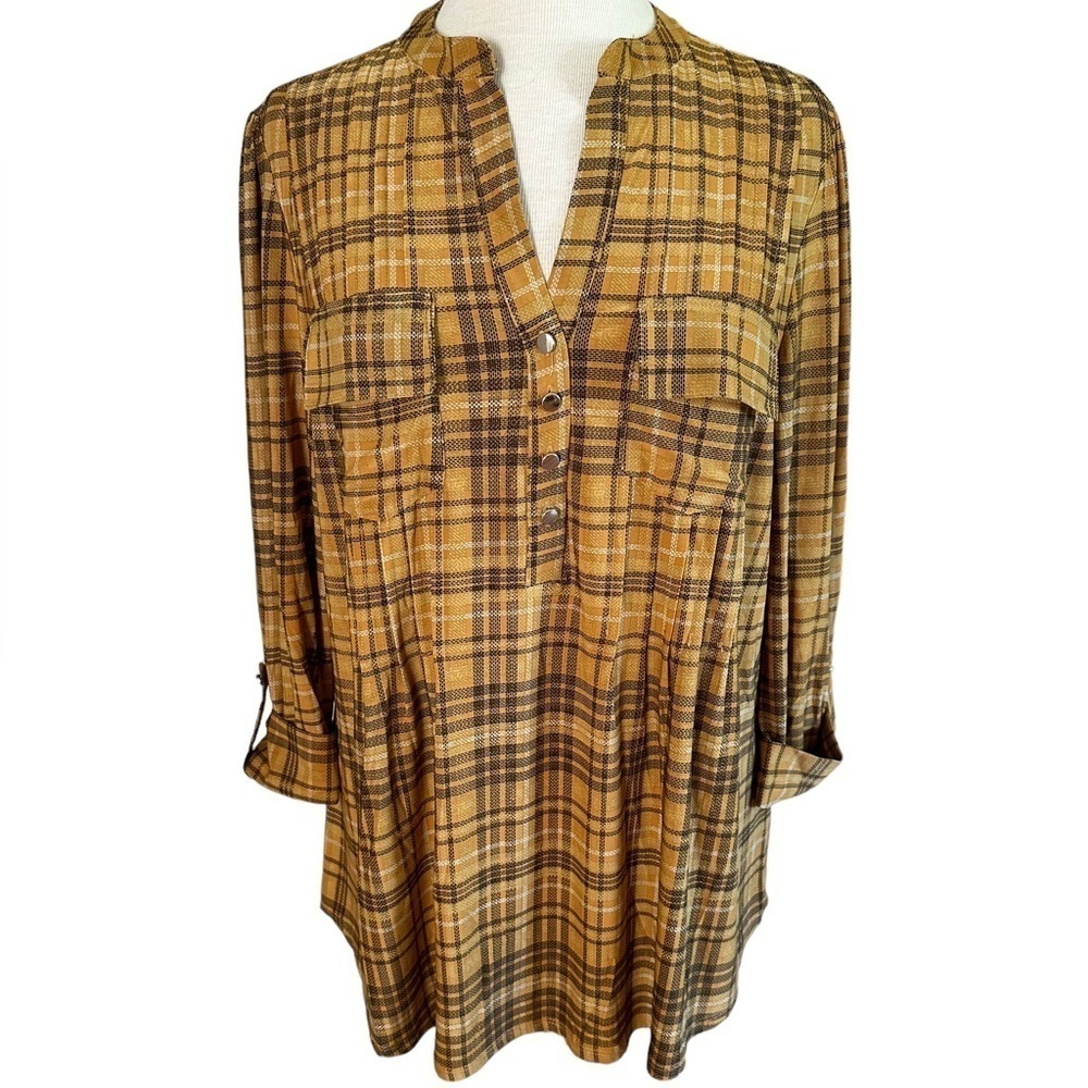 COCOMO 2X Yellow Plaid Plus Size 3/4 sleeve women's Pintuck Blouse top s…